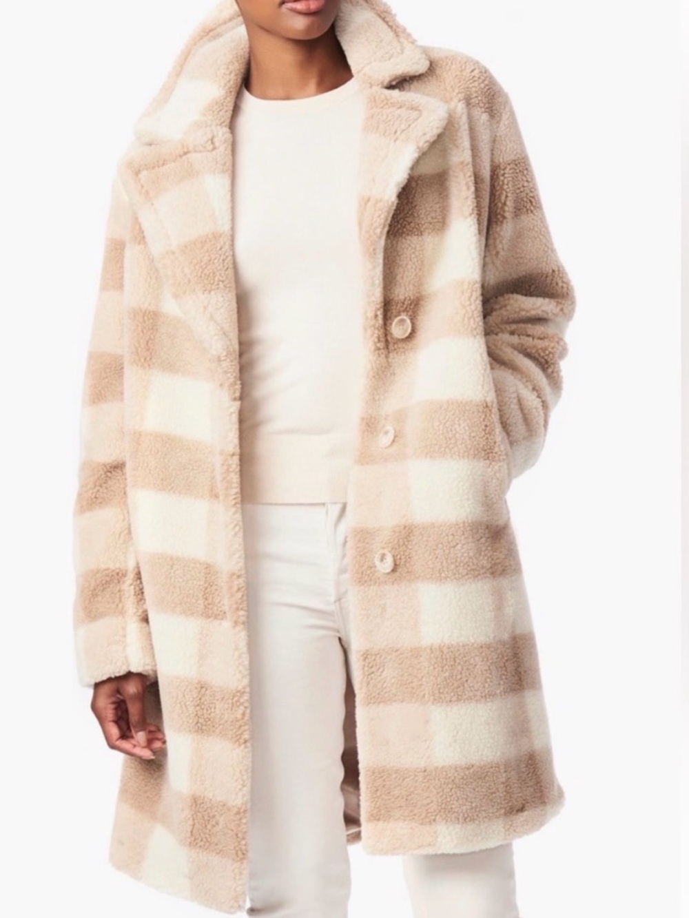 Bernardo Teddy Coat Buffalo Check Sherpa Fleece Faux-Shearling in Beige & Cream